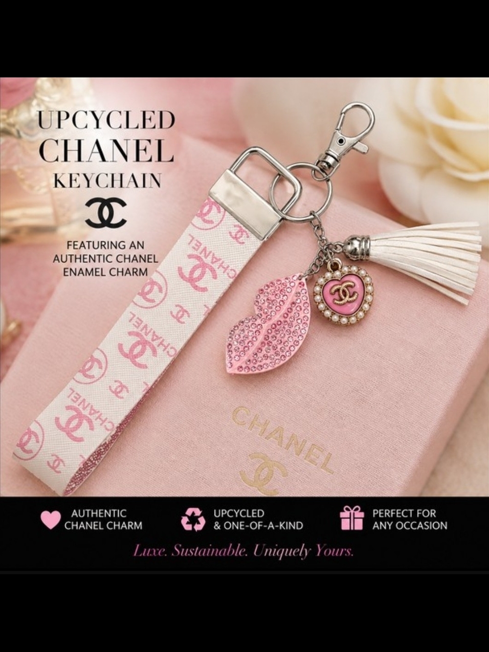 Upcycled CHANEL Pink Crystal Heart Charm Keychain • One-of-a-Kind Luxe